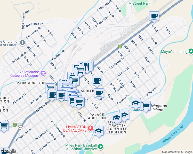 map of restaurants, bars, coffee shops, grocery stores, and more near 122 North E Street in Livingston