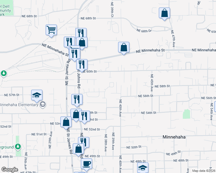 map of restaurants, bars, coffee shops, grocery stores, and more near 5901 Northeast 38th Court in Vancouver
