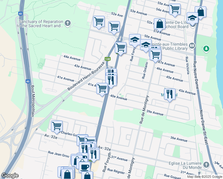 map of restaurants, bars, coffee shops, grocery stores, and more near 13660 Rue Sherbrooke Est in Montréal