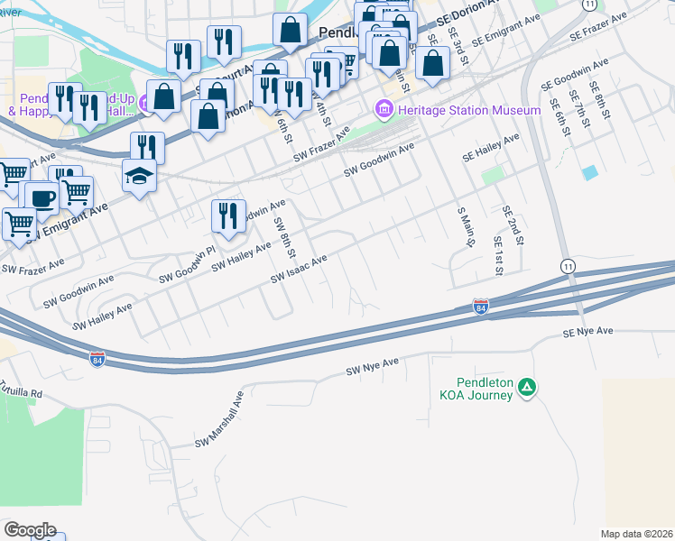 map of restaurants, bars, coffee shops, grocery stores, and more near 803 Southwest 6th Street in Pendleton