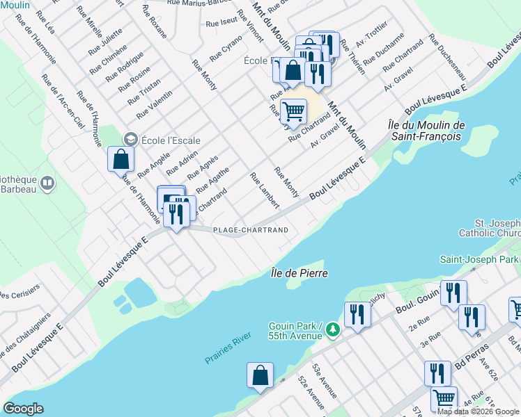 map of restaurants, bars, coffee shops, grocery stores, and more near 8260 Rue Béatrice in Laval