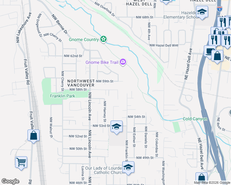 map of restaurants, bars, coffee shops, grocery stores, and more near 721 Northwest 58th Street in Vancouver