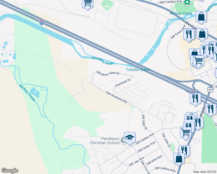 map of restaurants, bars, coffee shops, grocery stores, and more near 3096 Southwest Overlook Place in Pendleton