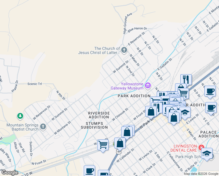 map of restaurants, bars, coffee shops, grocery stores, and more near 611 North Yellowstone Street in Livingston
