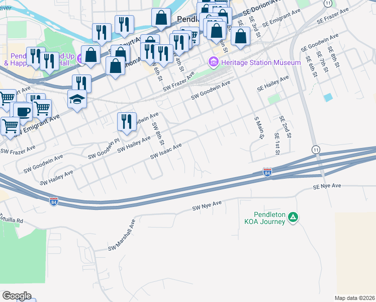 map of restaurants, bars, coffee shops, grocery stores, and more near 803 Southwest 6th Street in Pendleton