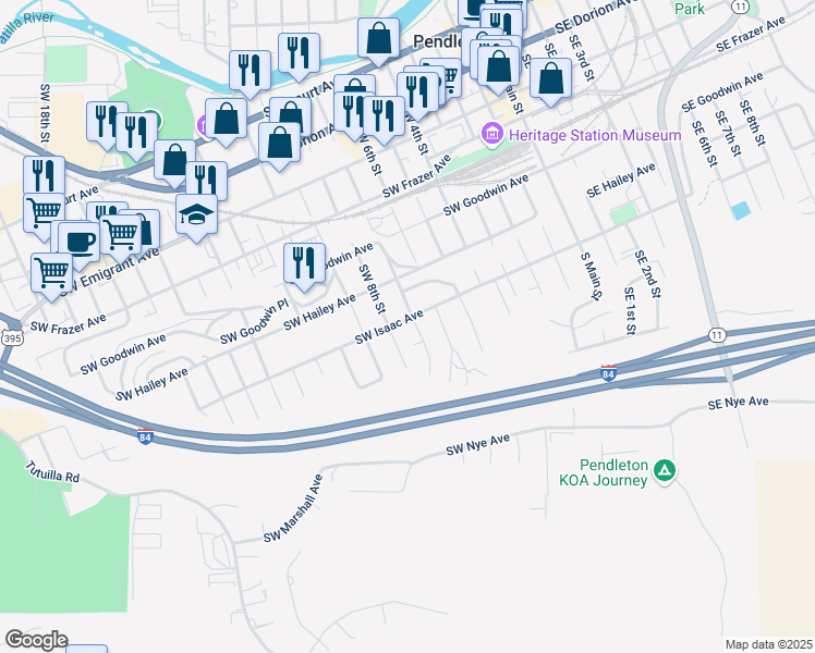 map of restaurants, bars, coffee shops, grocery stores, and more near 722 Southwest 8th Street in Pendleton