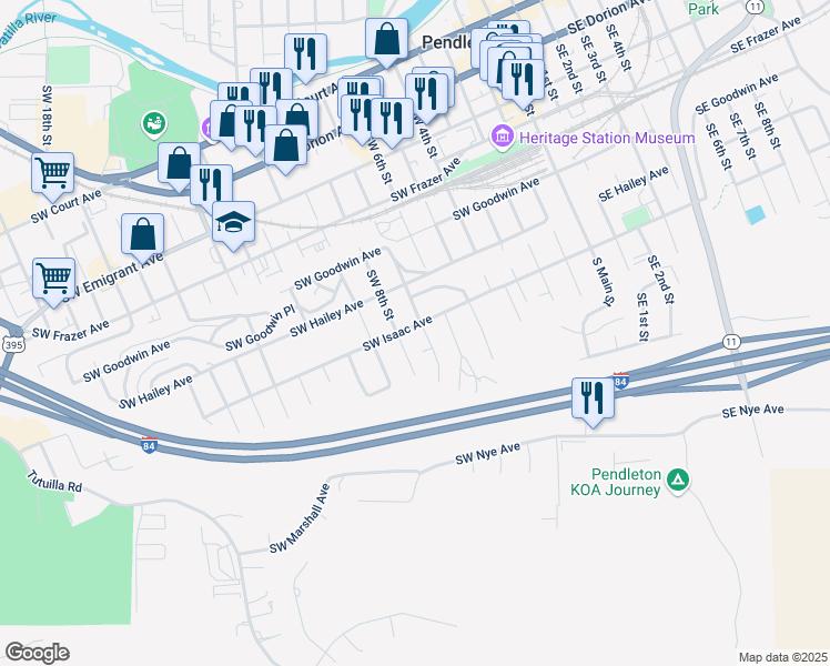 map of restaurants, bars, coffee shops, grocery stores, and more near 722 Southwest 8th Street in Pendleton
