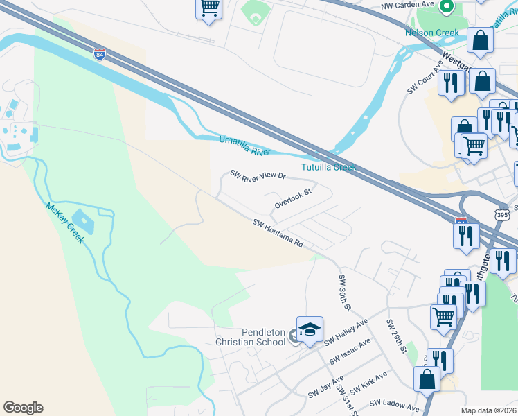 map of restaurants, bars, coffee shops, grocery stores, and more near 3096 Southwest Overlook Place in Pendleton