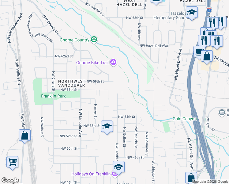 map of restaurants, bars, coffee shops, grocery stores, and more near 5712 Northwest Franklin Street in Vancouver