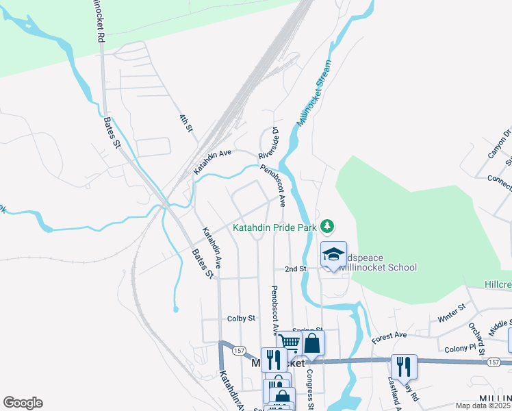map of restaurants, bars, coffee shops, grocery stores, and more near 47 Bowdoin Street in Millinocket