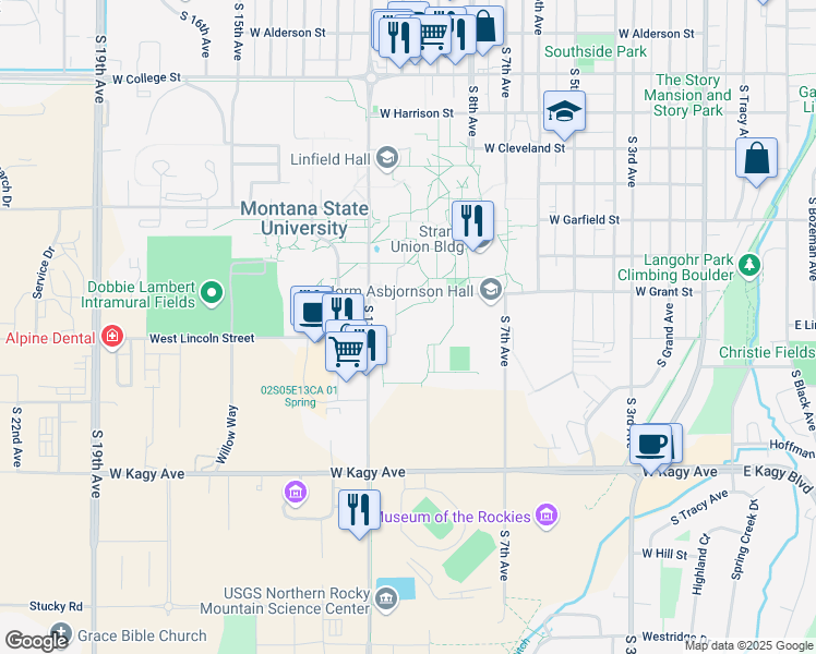 map of restaurants, bars, coffee shops, grocery stores, and more near 1 Bobcat Circle in Bozeman