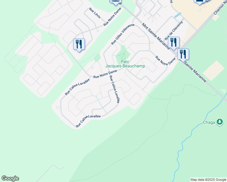 map of restaurants, bars, coffee shops, grocery stores, and more near 16460 Rue Calixa-Lavallée in Mirabel