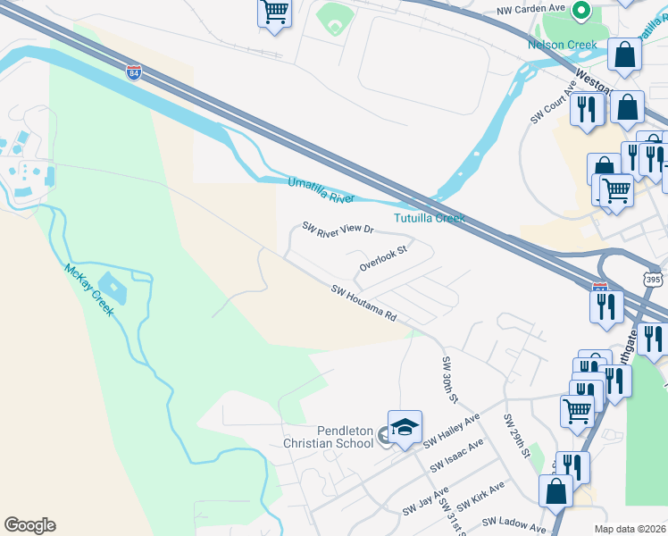 map of restaurants, bars, coffee shops, grocery stores, and more near 3033 Southwest Terrace Drive in Pendleton