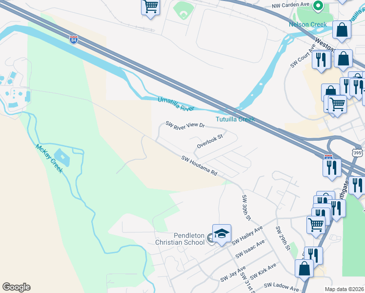 map of restaurants, bars, coffee shops, grocery stores, and more near 3033 Southwest Terrace Drive in Pendleton