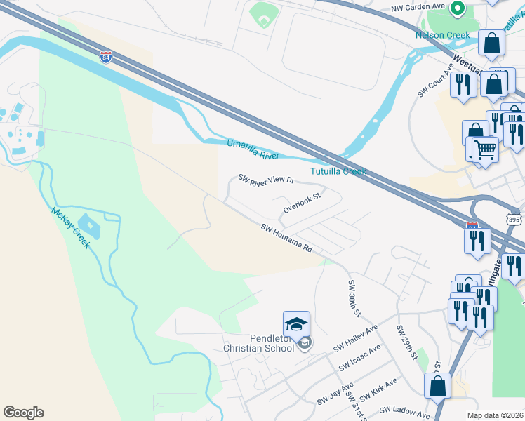 map of restaurants, bars, coffee shops, grocery stores, and more near 3096 Southwest Overlook Place in Pendleton
