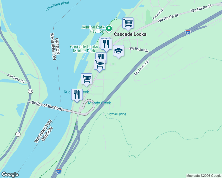 map of restaurants, bars, coffee shops, grocery stores, and more near 125 Southwest Venture Street in Cascade Locks