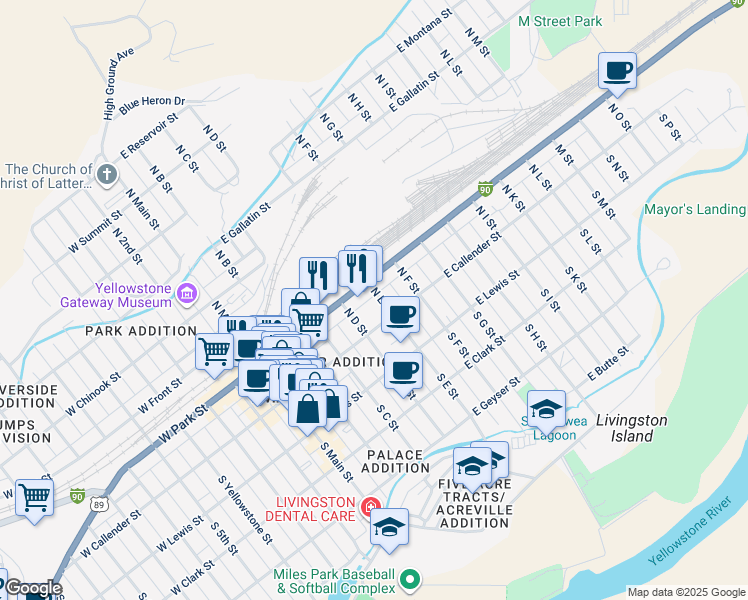 map of restaurants, bars, coffee shops, grocery stores, and more near 122 North E Street in Livingston
