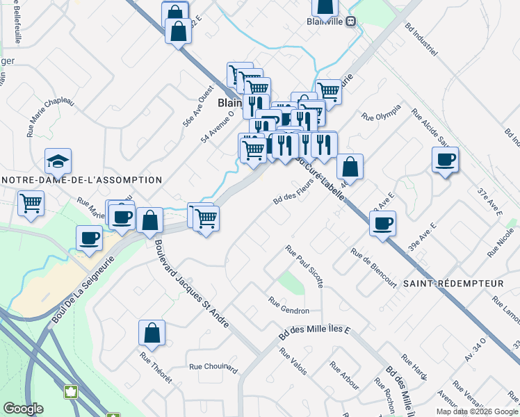 map of restaurants, bars, coffee shops, grocery stores, and more near 194 Boulevard des Fleurs in Blainville