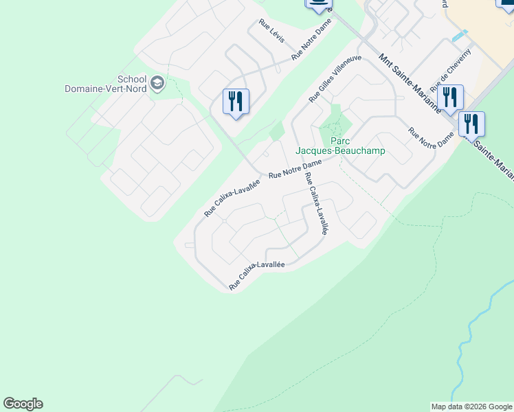 map of restaurants, bars, coffee shops, grocery stores, and more near 10820 Rue André Mathieu in Mirabel