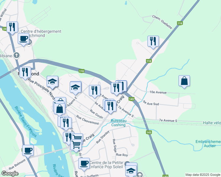 map of restaurants, bars, coffee shops, grocery stores, and more near 550 Rue Brouillette in Richmond