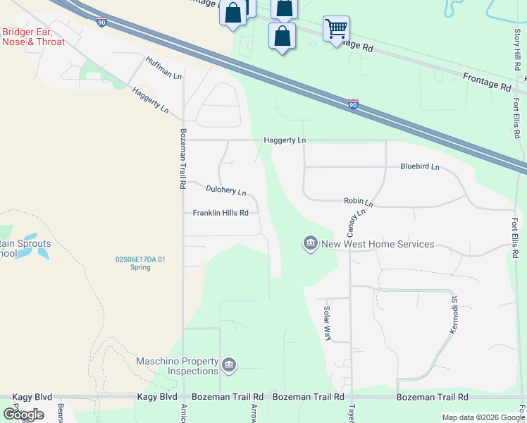 map of restaurants, bars, coffee shops, grocery stores, and more near 325 Dulohery Lane in Bozeman