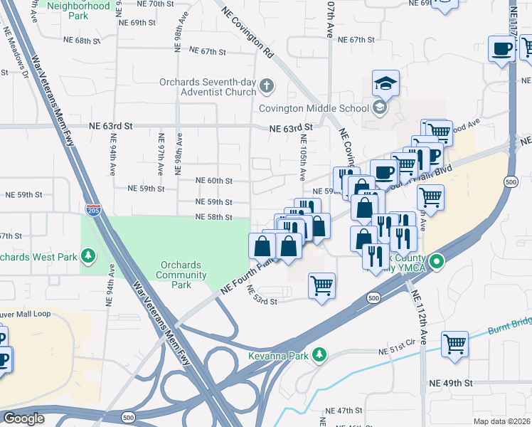 map of restaurants, bars, coffee shops, grocery stores, and more near 10215 Northeast 58th Street in Vancouver