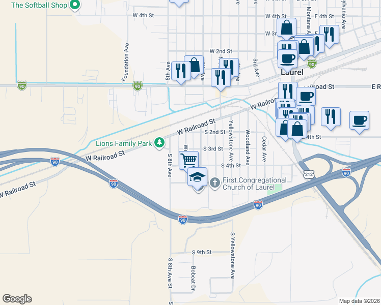 map of restaurants, bars, coffee shops, grocery stores, and more near 301 West Avenue in Laurel