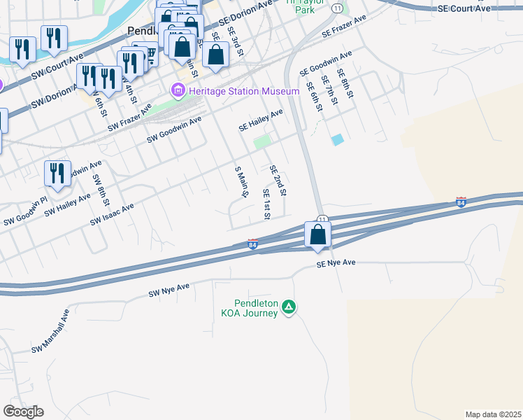 map of restaurants, bars, coffee shops, grocery stores, and more near 937 Southeast 1st Street in Pendleton