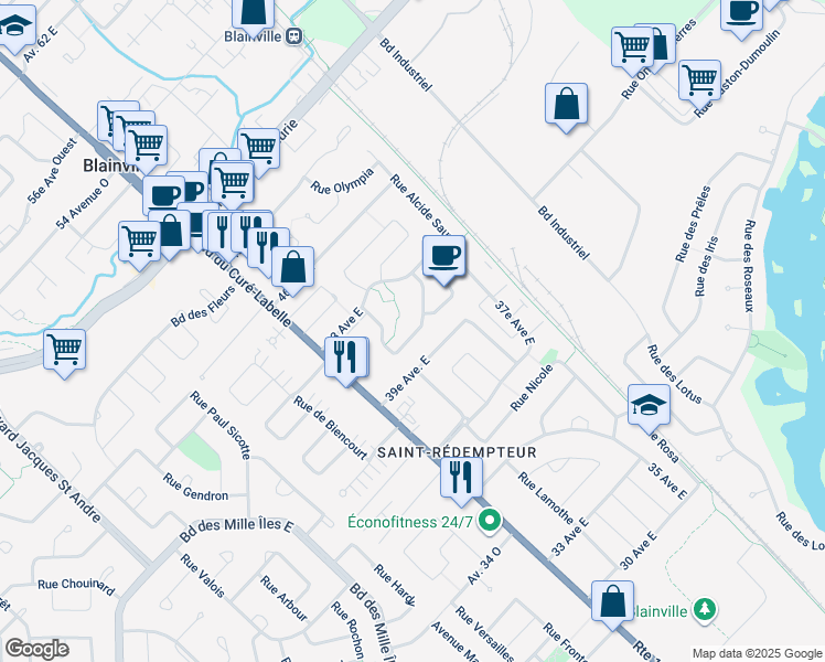 map of restaurants, bars, coffee shops, grocery stores, and more near 57 Rue Marcel Vidal in Blainville
