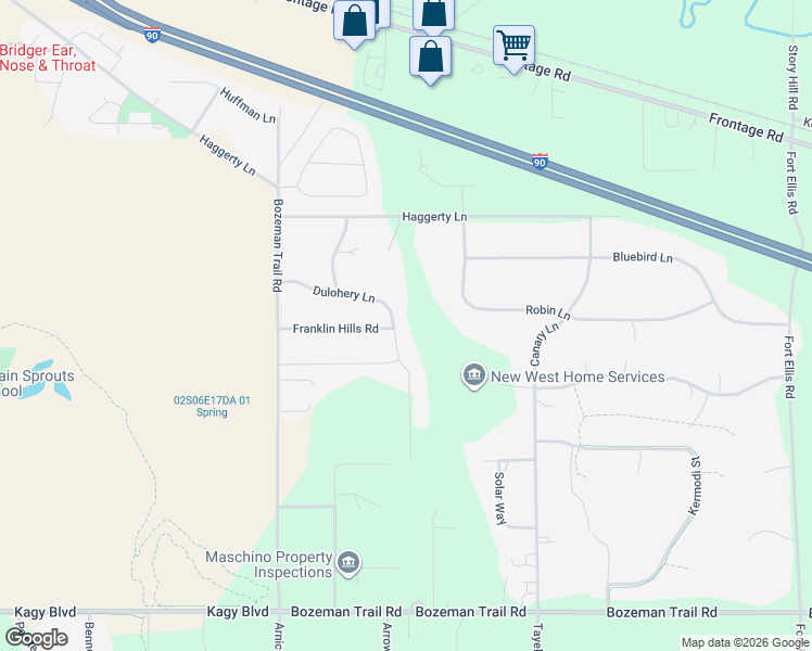 map of restaurants, bars, coffee shops, grocery stores, and more near 325 Dulohery Lane in Bozeman
