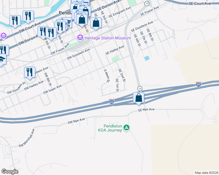 map of restaurants, bars, coffee shops, grocery stores, and more near 937 Southeast 1st Street in Pendleton