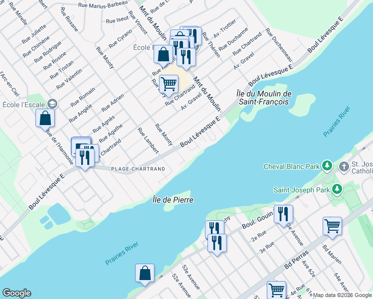 map of restaurants, bars, coffee shops, grocery stores, and more near 380 Place Stella in Laval