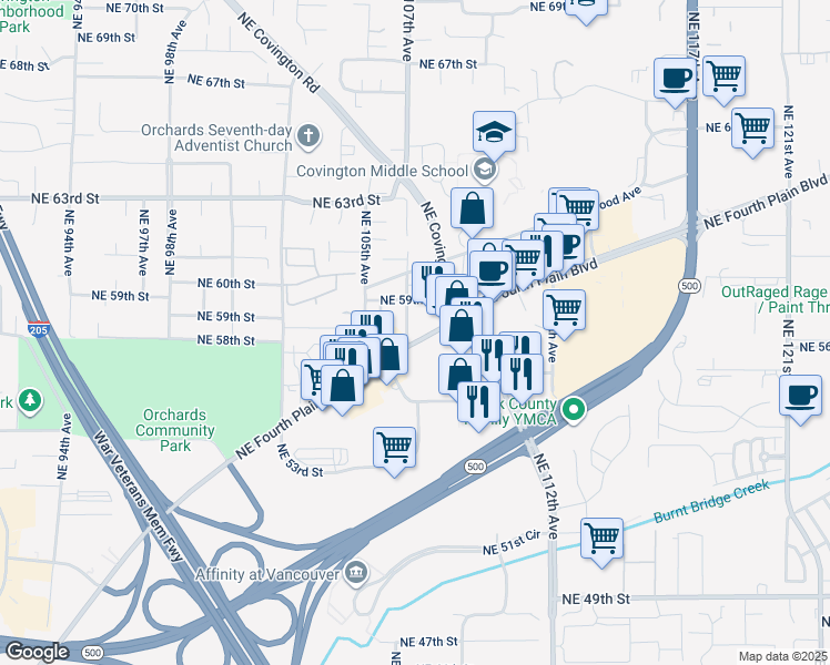 map of restaurants, bars, coffee shops, grocery stores, and more near 10620 Northeast Fourth Plain Boulevard in Vancouver