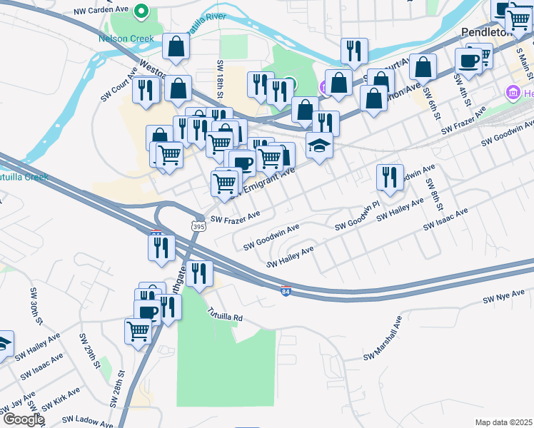 map of restaurants, bars, coffee shops, grocery stores, and more near 1704 Southwest Frazer Avenue in Pendleton