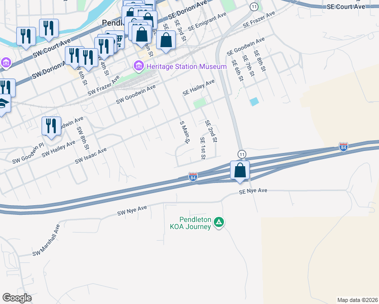 map of restaurants, bars, coffee shops, grocery stores, and more near 937 Southeast 1st Street in Pendleton