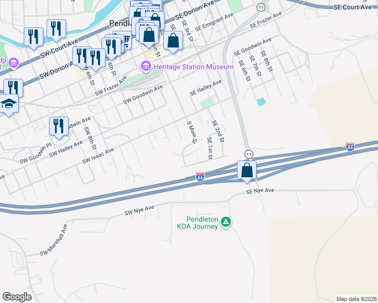 map of restaurants, bars, coffee shops, grocery stores, and more near 932 South Main Street in Pendleton