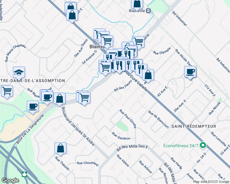 map of restaurants, bars, coffee shops, grocery stores, and more near 163 Boulevard des Fleurs in Blainville