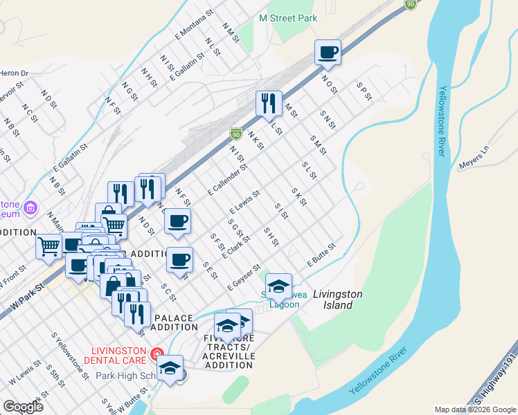 map of restaurants, bars, coffee shops, grocery stores, and more near 202 S I St in Livingston