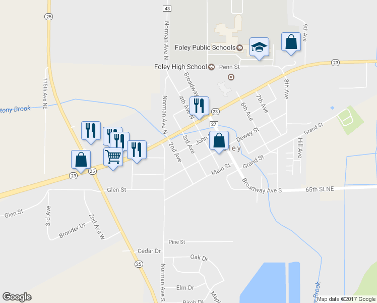 map of restaurants, bars, coffee shops, grocery stores, and more near 241 3rd Avenue in Foley