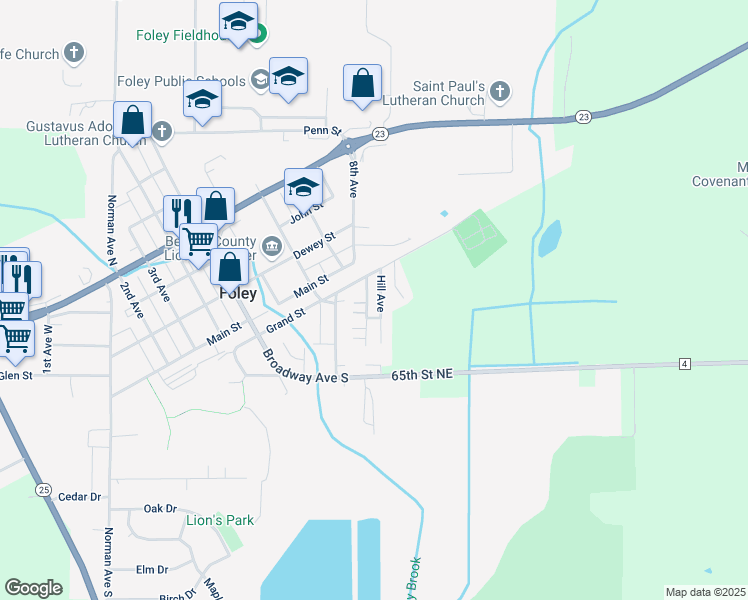 map of restaurants, bars, coffee shops, grocery stores, and more near 150 Gopher Avenue in Foley