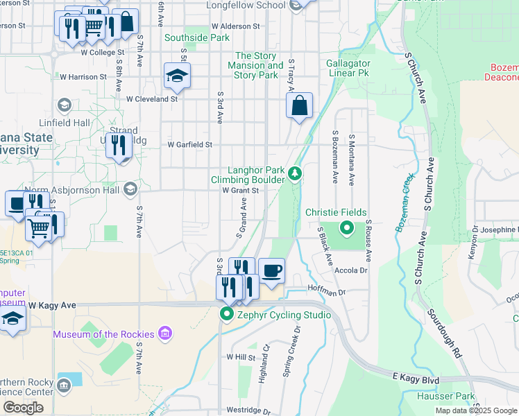 map of restaurants, bars, coffee shops, grocery stores, and more near 1419 South Willson Avenue in Bozeman