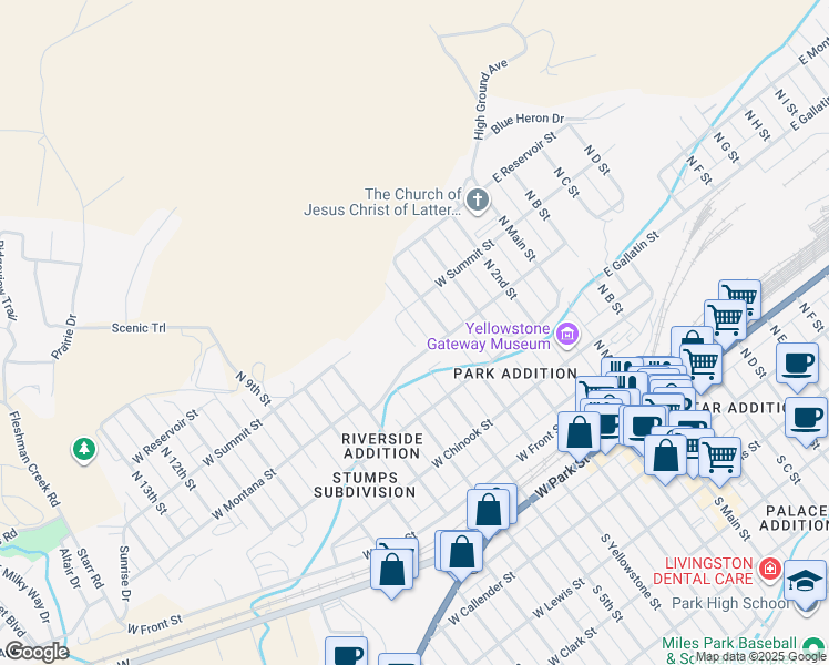 map of restaurants, bars, coffee shops, grocery stores, and more near 611 North Yellowstone Street in Livingston