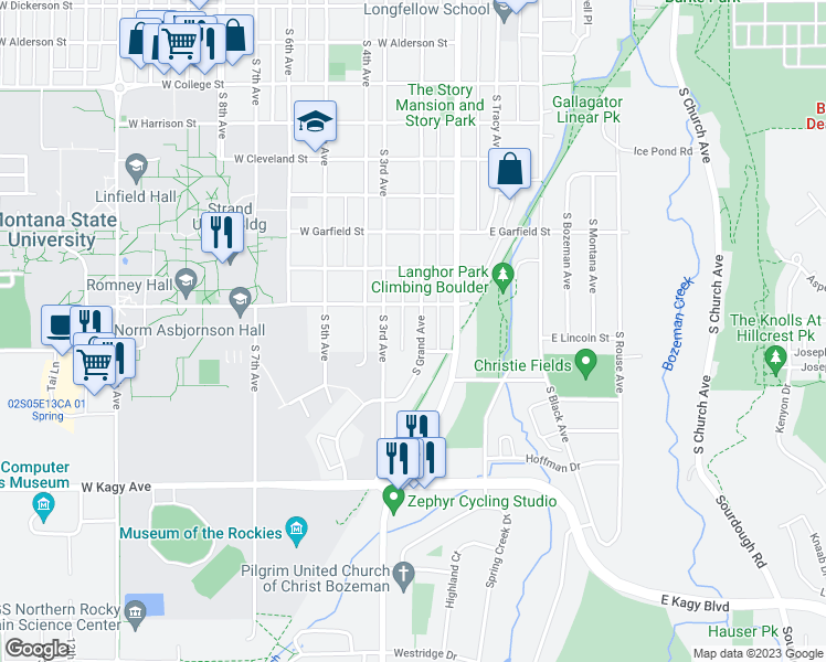 map of restaurants, bars, coffee shops, grocery stores, and more near 1419 South Grand Avenue in Bozeman