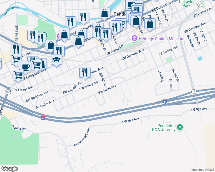 map of restaurants, bars, coffee shops, grocery stores, and more near 722 Southwest 8th Street in Pendleton