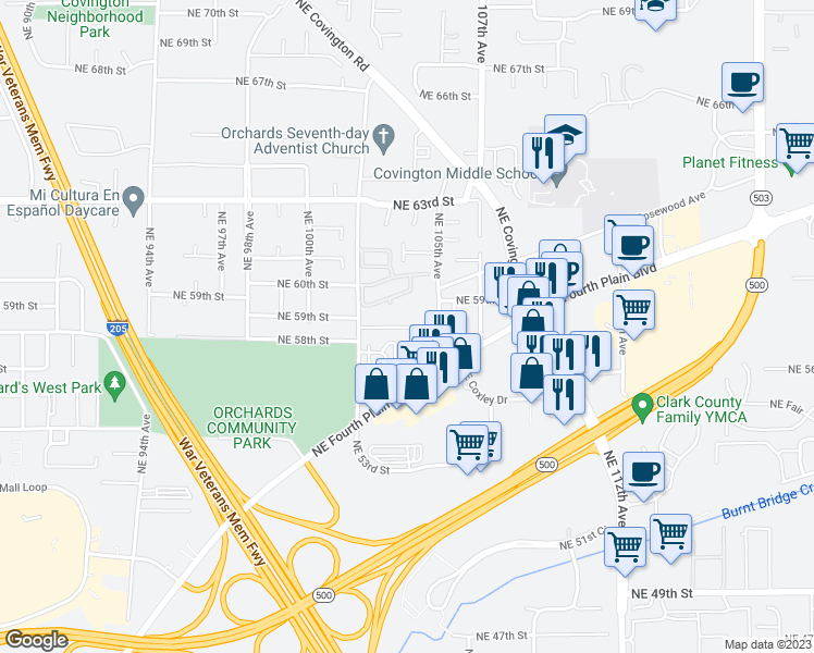 map of restaurants, bars, coffee shops, grocery stores, and more near 13016 Northeast 58th Street in Vancouver