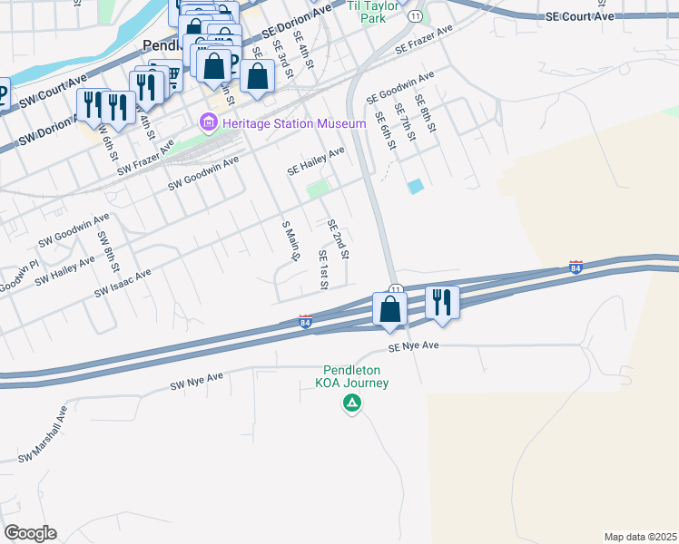map of restaurants, bars, coffee shops, grocery stores, and more near 943 Southeast 2nd Street in Pendleton