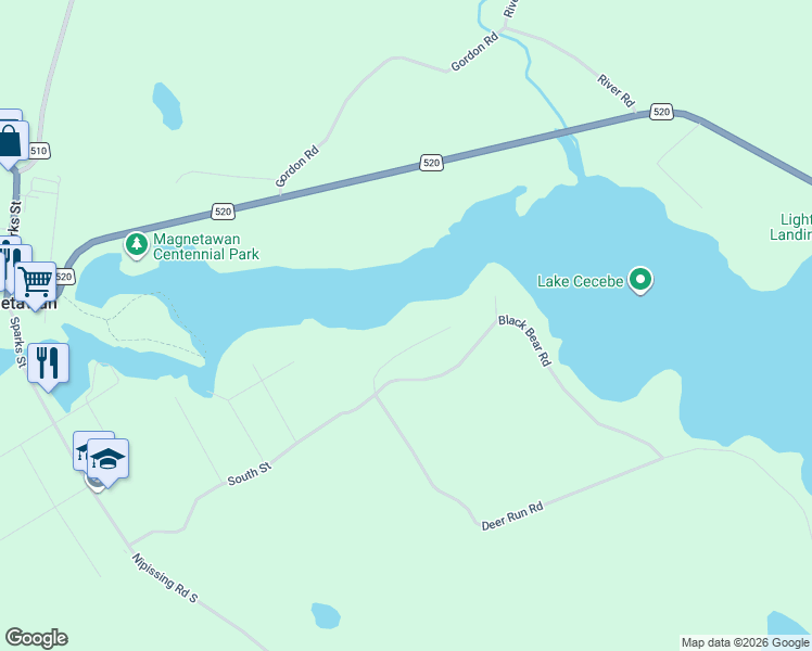 map of restaurants, bars, coffee shops, grocery stores, and more near 58 Hillcrest Drive in Burk's Falls