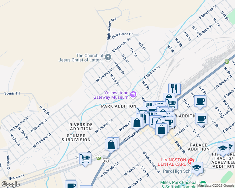 map of restaurants, bars, coffee shops, grocery stores, and more near 506 North 3rd Street in Livingston