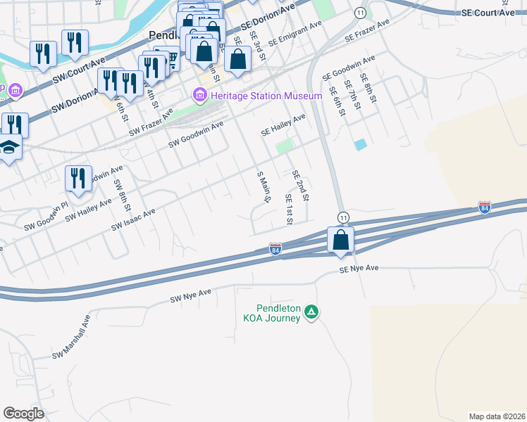 map of restaurants, bars, coffee shops, grocery stores, and more near 932 South Main Street in Pendleton