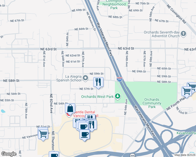 map of restaurants, bars, coffee shops, grocery stores, and more near 8908 Northeast 58th Street in Vancouver
